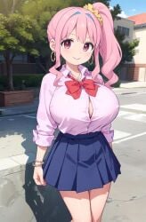 ai_generated big_breasts gyaru hair_ornament hozuki_kaede multicolored_hair onii-chan_wa_oshimai! pink_eyes pink_hair school_uniform stable_diffusion