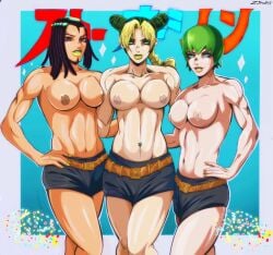 3girls black_hair blue_background breasts dark-skinned_female dark_skin ermes_costello female female_only foo_fighters huge_breasts human jojo's_bizarre_adventure jolyne_kujo light-skinned_female light_skin long_hair multiple_girls shounen_jump stone_ocean topless z3husky