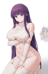 2girls blush breasts cbmus chabenmus embarrassed female female_only fern_(sousou_no_frieren) frieren hi_res huge_breasts long_hair multiple_girls purple_eyes purple_hair simple_background solo_focus sousou_no_frieren thick_thighs virgin_destroyer_sweater wide_hips