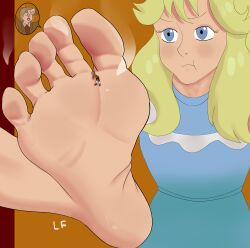 barefoot bigger_female blonde_hair female_focus foot_fetish foot_focus giantess jetlag marie_(the_nutcracker) smaller_male smell smelly smelly_feet the_nutcracker