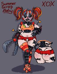 absurd_res animatronic ass baby_(fnafsl) big_breasts big_butt black_sclera bottomwear breasts circus_baby circus_baby_(fnaf) cleavage clothed clothing ear_piercing exposed_endoskeleton female five_nights_at_freddy's five_nights_at_freddy's:_sister_location freckles freddy_fazbear's_pizzeria_simulator genitals green_eyes grey_background hair hand_on_hip hi_res humanoid looking_at_viewer machine navel open_mouth orange_clothing orange_hair orange_topwear peachrot piercing pincers pussy red_bottomwear red_clothing red_hair robot robot_humanoid roller_skates scrap_baby scrap_baby_(fnaf) simple_background sister_location solo thick_thighs topwear torn_clothing twintails twintails_(hairstyle) wide_hips wire