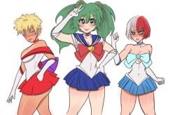 3girls bishoujo_senshi_sailor_moon blonde_hair blue_skirt boku_no_hero_academia breasts cleavage clothing cosplay crossgender crossover_cosplay cyan_skirt elbow_gloves female_bakugou female_deku female_focus female_only female_todoroki genderswap genderswap_(mtf) green_hair infinitesign izuku_midoriya katsuki_bakugou low_cut_top magical_girl medium_breasts mtf_crossgender multiple_girls my_hero_academia red_skirt rule63 rule_63 sailor_mars_(cosplay) sailor_mercury_(cosplay) sailor_moon_(cosplay) short_skirt shouto_todoroki skirt tan thick_thighs todoroki_shouto twintails two_tone_hair wide_hips