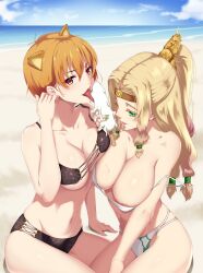 2girls animal_ears areola areola_slip areolae areolae_slip beach big_breasts bikini bikini_bottom bikini_top black_bikini black_bikini_bottom black_bikini_top blonde_hair cleavage fate/grand_order fate_(series) female female_only fujimura_taiga green_eyes green_nail_polish green_nails huge_breasts jaguar_ears jaguar_man jaguarman_(fate/grand_order) licking licking_popsicle light-skinned_female light_skin light_skinned_female long_hair loose_bikini multiple_girls navel nipple_slip ocean ocean_background orange_hair pale-skinned_female pale_skin pale_skinned_female ponytail popsicle quetzalcoatl_(fate) red_eyes short_hair white_bikini white_bikini_bottom white_bikini_top