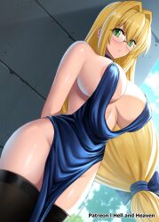 areola_slip bare_shoulders blonde_hair blush breasts choker dress female glasses green_eyes hellandheaven highres large_breasts long_hair looking_down outdoors solo tearju_lunatique thighhighs to_love-ru underboob very_long_hair