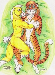 1990s 1996 20th_century anthro blue_eyes cuddling equine feline furry gay grabbing_tail green_eyes horse in_bed interspecies jessica_willard laying_on_back laying_on_bed male/male nude_male nudity sheath striped_body striped_fur stripes tail tail_grab testicles tiger traditional_media_(artwork) yaoi