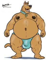 1boy 2023 anthro balls_outline belly big_belly brown_body brown_fur bulge canid canine canis claws clothed clothing collar collar_tag domestic_dog fangs fat_man fur genital_outline great_dane hanna-barbera hi_res kaiipwilde_(artist) male male_only mammal mastiff molosser navel nipples obese obese_anthro obese_male open_mouth overweight overweight_anthro overweight_male penis_outline scooby-doo scooby-doo_(character) scooby-doo_(series) signature solo speedo speedo_only standing swimwear teeth tongue topless