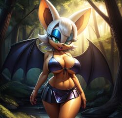 ai_generated anthro bat bat_wings bikini blue_eyeshadow chiropteran forest furry furry_female green_eyes large_breasts makeup mammal navel outside rocks rouge_the_bat short_hair short_skirt skirt sonic_(series) sonic_the_hedgehog_(series) stable_diffusion tan_skin trees white_hair