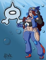 bandana big_breasts blue_theme bluestarwishes cleavage crop_top dark-skinned_female fluffy_hair fusion game_freak gloves goggles hair_highlights hair_over_one_eye lipstick looking_at_viewer navel pokemon pokemon_oras pokemon_rse red_hair revealing_clothes self_upload sfw shelly_(pokemon) shelly_(pokemon_oras) suggestive tan_skin team_aqua thick_thighs tummy wide_hips