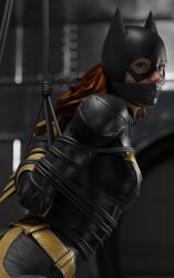 arms_behind_back barbara_gordon batgirl bondage bound bound_arms bound_legs bound_wrists damsel_in_distress dc dc_comics duct_tape female frogtie gag gagged ginger gotham_knights red_hair rindekey superheroine suspended suspension suspension_bondage tape tape_gag tied_up