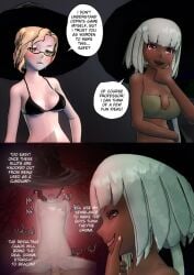 3d 3girls bikini blonde_hair comic comic_page dark-skinned_female dialogue dominica9 emerald_sustrai english_text evil_grin eyes_covered female glasses glynda_goodwitch green_eyes green_hair grin halloween hat_only human imminent_rape light-skinned_female multiple_girls older_female open_mouth red_eyes reverse_cowgirl_position ruby_rose rwby small_breasts speech_bubble text vaginal_penetration wide_hips witch_hat