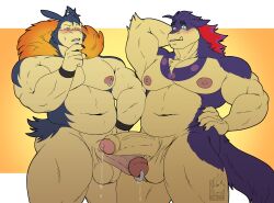 2023 2boys absurd_res anthro anthro_on_anthro balls bara belly biceps big_balls big_muscles big_penis blush bodily_fluids claws comparing comparing_penis duo erection eyebrows foreskin frottage fur gay generation_2_pokemon genital_fluids genital_piercing genitals gunner_(nelldemon) hand_behind_head hi_res hisuian_typhlosion humanoid_genitalia humanoid_penis male male/male musclegut muscular muscular_anthro muscular_male navel nelldemon nintendo nipple_piercing nipple_ring nipples nude pecs penis penis_piercing piercing pokemon pokemon_(species) precum prince_albert_piercing ring_piercing sex simple_background standing standing_sex thick_thighs thinking tuft typhlosion vein watermark wristband