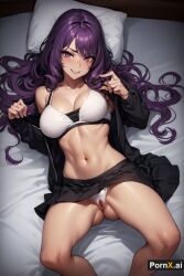 ai_generated bare_legs bare_shoulders bare_thighs big_breasts large_breasts light-skinned_female light_skin long_hair looking_at_viewer looking_pleasured lying miniskirt n navel panties pornx.ai purple_eyes purple_hair transparent_clothing