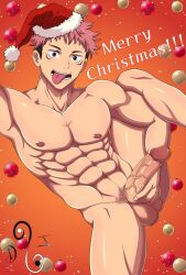 1boy abs big_penis brown_eyes christmas_decorations dj_art gay holding_penis itadori_yuuji jujutsu_kaisen legs_up muscular muscular_arms muscular_legs pink_hair pink_nipples pink_tip pubic_hair santa_hat solo_male tongue_out veiny_penis