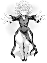 1girls blush bottom_heavy female female_focus female_only greyscale looking_at_viewer mogudan monochrome one-punch_man short_hair small_breasts solo standing tatsumaki thick_thighs thighs thong wide_hips