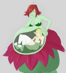 2girls big_belly blonde_female blonde_hair elf female female_only female_pred female_prey green_skin internal_view large_breasts monster_girl multiple_girls plant_girl pyxxyl red_hair satisfied small_breasts smug unwilling_prey vore vore_belly willing_pred x-ray