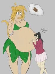 2girls amazon black_hair blonde_hair catgirl female female_only hungry leaf_dress licking_lips mini_giantess patting_belly pre_vore pyxxyl red_shirt size_difference skirt thinking_about_food vore whiskers