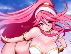 1girls ass big_ass braid breasts cleavage female female_only fire_emblem fire_emblem_awakening jaxartdump large_breasts leaning_forward long_hair looking_at_viewer nintendo olivia_(fire_emblem) open_mouth pink_hair pointy_chin ponytail solo twin_braids very_long_hair