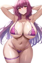 1girls bikini breasts fate/grand_order fate_(series) female hi_res hips huge_breasts jasony light-skinned_female light_skin long_hair micro_bikini naughty_face purple_hair red_eyes scathach_(fate) scathach_(swimsuit_assassin) simple_background thick_thighs thighs wide_hips