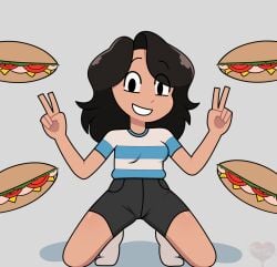 1girls abstract_background asian_female black_hair censored emberbaye sandwich_(food) subway_(franchise) subway_eat_fresh_(meme) tortie_(character) v_sign youtube youtuber