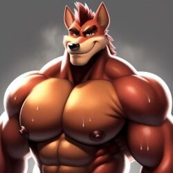 1boy ai_generated anthro bandicoot bara crash_(series) crunch_bandicoot frosting.ai fur furry furry_only gay male male_only marsupial muscular muscular_male nipples simple_background solo tagme video_games