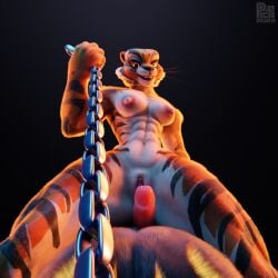 3d 3d_(artwork) black_stripes breasts chains digital_media_(artwork) dominant dreamworks felid female first_person_view fur hi_res kung_fu_panda male mammal master_tigress muscular orange_body orange_fur pantherine picti red_eyes small_breasts straddling stripes tagme tiger yellow_sclera