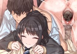 1boy black_hair censored closed_eyes clothed_sex cum cum_in_pussy ejaculation erere faceless faceless_male female female_pubic_hair idolmaster idolmaster_shiny_colors invisible_penis kazano_hiori mosaic_censoring multiple_views prone_bone pubic_hair pussy pussy_juice_stain school_uniform sex sex_from_behind sheet_grab straight sweat tears vaginal_penetration