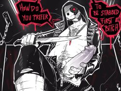 1boy black_and_white black_and_white_and_red dialogue english_text erect_penis hairy_chest hi_res knife looking_at_viewer male male_only mask menacing open_pants pain_(turtlechan) penis penis_grab pubic_hair solo speech_bubble talking_to_viewer turtlechan