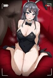 1boy 1girl ai_generated bare_legs bunny_ears cheating cheating_girlfriend dark-skinned_male fat_man female hairy interracial large_breasts large_penis netorare playboy_bunny recording sakurajima_mai seishun_buta_yarou_wa_bunny_girl_senpai_no_yume_wo_minai sweat sweatdrop testicles thick_thighs wariza waroffree