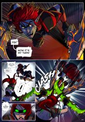 1boy 1girls armor battle character_request comic darkra earrings elf_ears english_text fight fingerless_gloves glowing_eyes green_eyes horns kelsier_sharpsun page_84 ponytail red_hair speech_bubble swords void_elf warcraft world_of_warcraft yellow_eyes