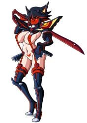 1girls adapted_costume angel_blade areola_slip big_breasts black_hair color colored female_focus female_only fist_on_own_hip functionally_nude functionally_nude_female hand_on_hip heart heart_accessory heel_boots high_heel_boots high_heels kill_la_kill matoi_ryuuko nipple_bulge nipples no_panties pubic_tattoo red_highlights red_strand_of_hair red_visor scissor_blade senketsu shaved_crotch shaved_pussy smiling smiling_at_viewer studio_trigger thick_thighs visor white_background witchking00