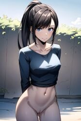 ai_generated arms_behind_back ass_visible_through_thighs bangs black_hair black_shirt blue_eyes blue_shirt bottomless breasts cleft_of_venus closed_mouth collarbone cowboy_shot crop_top day edosynf female high_ponytail highres korean_female long_hair long_sleeves looking_at_viewer medium_breasts midriff navel outdoors ponytail pussy shirt sidelocks smile solo solo_leveling standing stomach sung_jin-ah sung_jin_ah swept_bangs uncensored