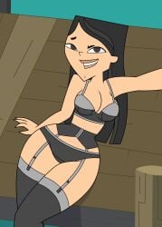 2d black_bra black_eyes black_hair black_lingerie black_panties busty female female_focus female_only garter_belt garter_straps heather_(tdi) hourglass_figure long_hair selfie solo tagme thighhighs tjlive5 total_drama_island wide_hips