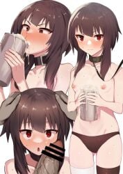 1boy ass_visible_through_thighs bandaged_leg bandages bar_censor blush breasts brown_hair brown_panties brown_thighhighs censored closed_mouth collar collarbone cum cum_in_container cum_in_cup cup drinking drinking_cum embarrassed female hands_on_another's_head harunori_oogami highres holding holding_cup holding_leash kono_subarashii_sekai_ni_shukufuku_wo! leash megumin miga2580 miga_(migao) multiple_views navel nipples panties penis penis_on_face pov red_eyes short_hair_with_long_locks sidelocks single_thighhigh small_breasts straight sweat thighhighs topless underwear viewer_holding_leash wavy_mouth white_background