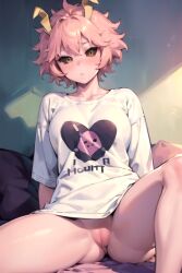 ai_generated aiposter bed bedroom blush female_pubic_hair horns looking_at_viewer mina_ashido my_hero_academia no_panties nose_blush oversized_clothes oversized_shirt pantsless pink_hair pussy yellow_eyes