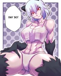 1girls abs big_breasts female furry killing_bites large_breasts nisego red_eyes short_hair solo solo_female tail text uzaki_hitomi white_hair