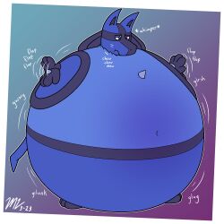 2023 belly belt blue_eyes blue_fur blue_skin blueberry_inflation flapping_hands game_freak inflated_belly inflation lucario nintendo pokemon pokemon_(species) sigilofswelling spherical_inflation sunken_limbs thick_thighs wide_hips