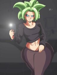 abs bikowolf1 breasts dragon_ball dragon_ball_super dragon_ball_z female kefla legendary_super_saiyan phone pulling_down_pants smug_face super_saiyan super_saiyan_2 thick_thighs