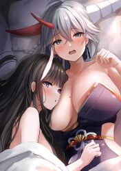 2girls asymmetrical_horns azur_lane black_hair blush breast_pillow breasts commentary_request commission cuddling hakuryuu_(azur_lane) hakuryuu_(flash_of_silk_and_strings)_(azur_lane) head_on_chest highres horns huge_breasts japanese_clothes kimono large_breasts light-skinned_female light_skin long_hair looking_at_viewer lying manda_(manda9n) mole mole_on_breast multiple_girls noshiro_(azur_lane) official_alternate_costume on_back on_bed on_side oni_horns pixiv_commission purple_eyes purple_kimono red_horns sakura_empire_(azur_lane) white_eyes white_hair white_horns yuri