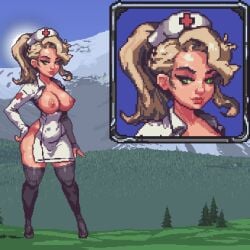 animated big_breasts blonde_hair breasts dog_head_02 gif green_eyes kissing nipples nurse nurse_(terraria) nurse_cap nurse_hat pixel_art sasha_miu solo terraria thick_thighs thighs