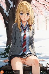 ai_generated blonde_female blonde_hair blonde_hair blonde_hair_female cum cum_in_pussy forest grey_eyes luname miniskirt miyazono_kaori pussy pussy_juice school_uniform schoolgirl shigatsu_wa_kimi_no_uso sitting snow spread_legs tree your_lie_in_april