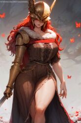 1girls ai_assisted ai_generated armor bare_legs butterfly cape curvy dress elden_ring erotic_nansensu flower fromsoftware fur_trim goddess helmet holding_weapon large_breasts light-skinned_female long_hair malenia_blade_of_miquella patreon_username prosthetic prosthetic_arm prosthetic_limb red_hair side_slit thick_thighs wavy_hair white_flower