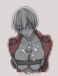 1boy 1girls belt_bra blush breasts cum cum_on_breasts cum_on_face dante devil_may_cry devil_may_cry_3 erection eyelashes genderswap_(mtf) incest looking_at_viewer paizuri penis rule_63 teenage_girl titfuck titfuck_under_clothes titjob tongue_out vergil