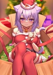 box cat_ears christmas christmas_hat christmas_outfit cute deaver hands_tied hololive hololive_gamers hololive_japan nekomata_okayu smiling virtual_youtuber