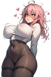 ai_generated background bangs between blue blush breasts cameltoe covered eyes female hair heart juswa large lips long navel nipples pantyhose parted pink shirt simple sleeves solo thighband white