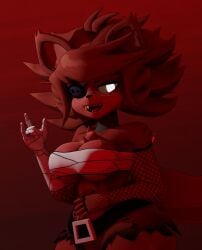 chest_wraps cleavage fexa fexa_(cryptia) five_nights_at_freddy's foxy_(cally3d) foxy_(fnaf) fredina's_nightclub glowing_eyes huge_breasts red_fur red_hair solo thick_thighs underboob white_eyes wide_hips