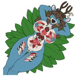 anthro antlers blue blue_nipples breasts cervine chopsticks clitoris clitoris_piercing deer endiu female food genital_piercing genitals hooves horn leaf mammal nigiri nipple_piercing nipples nsfw nyotaimori piercing pussy shapeshifter straight_hair sushi tea_bags