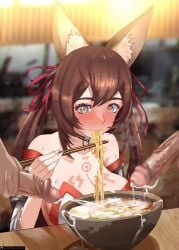 1girls 2boys bare_shoulders blue_eyes blush brown_hair caleen_keemosn choker chopsticks cleavage closed_mouth commission cum cum_on_food cum_string date detached_sleeves dinner_date eating ejaculation eyebrows_visible_through_hair female food fox_ear fox_girl fox_tail gokkun hair_ribbon heart-shaped_pupils huge_breasts kemonomimi kitsunemimi looking_at_viewer male_masturbation multi_tail noodles penis ramen restaurant runes signature softshikioni star_ocean star_ocean_anamnesis steam sweat table tail tails twintails uncensored very_long_hair