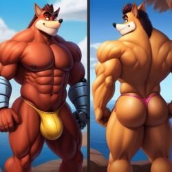 2boys ai_generated anthro ass bara beach bulge crash_(series) crash_bandicoot crunch_bandicoot frosting.ai fur furry furry_only gay male male_only muscular muscular_male tagme thong video_games