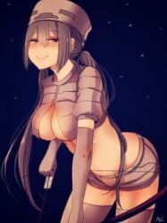 arrow at2. ayumi_(mob_talker) big_breasts blush bow_(weapon) grey_eyes grey_hair half-closed_eyes minecraft mob_talker sagging_breasts silver_eyes silver_hair skeleton_(minecraft) smile stockings thighhighs thighs