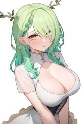 1girls bluefield branch_horns breasts ceres_fauna cleavage female green_hair hololive hololive_english hololive_english_-council- hololive_english_-promise- horns huge_breasts light-skinned_female light_skin long_hair virtual_youtuber yellow_eyes